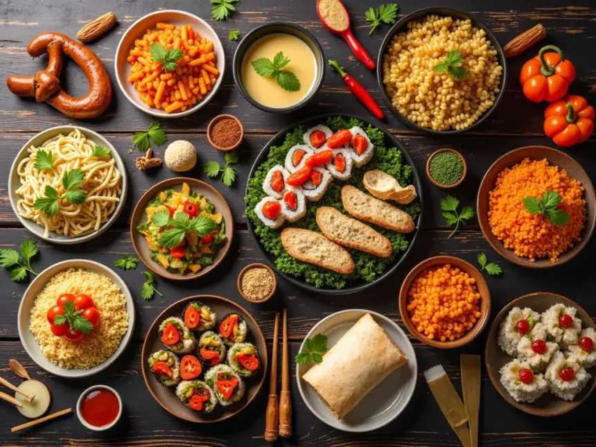 Traditional dishes from around the world on a rustic table, symbolizing global food traditions